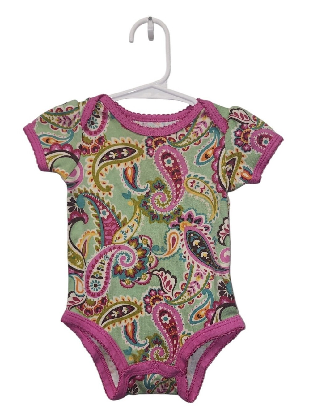 Paisley Short Sleeve One-Piece Bodysuit in Mint and Pink 3-6months